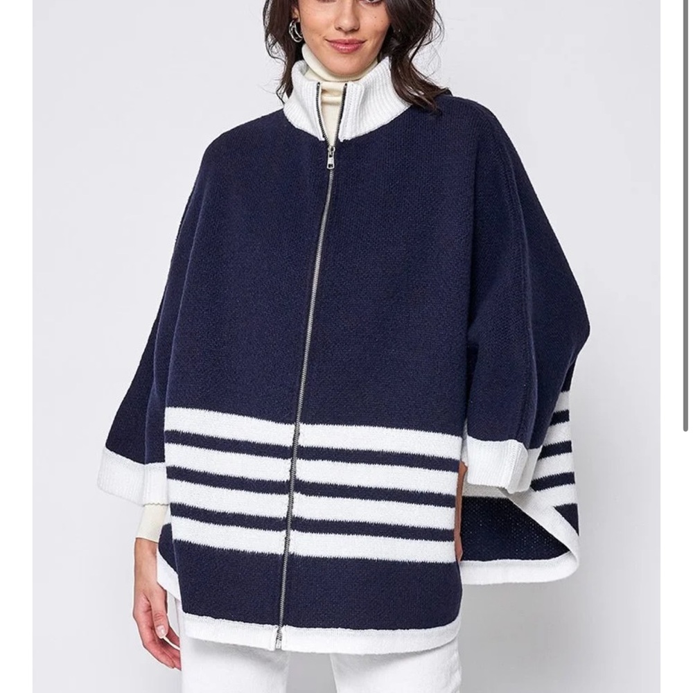 Zip-Front Navy & White Striped Women's Poncho Sweater